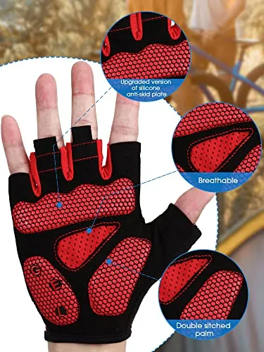 2 Pairs Mens Cycling Gloves Mountain Bike Gloves Half Finger Breathable Motorcycle Road Bicycle Gloves Shock-Absorbing Non-Slip Sports Gloves for Men Women Unisex (Black and Red, Large)