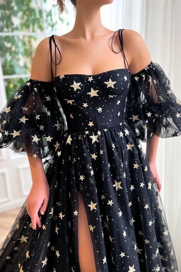 A-Line Tulle Black Long Prom Dress Black Tulle Formal Evening Dress PSK311