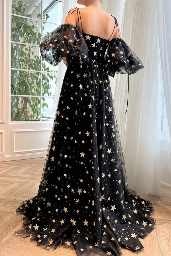 A-Line Tulle Black Long Prom Dress Black Tulle Formal Evening Dress PSK311