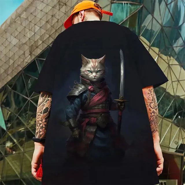 Attractive 3D samurai cat design short sleeve t-shirt