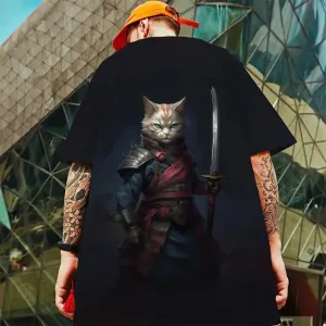 Attractive 3D samurai cat design short sleeve t-shirt