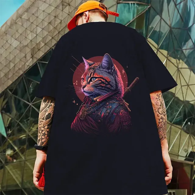 Attractive 3D samurai cat design short sleeve t-shirt