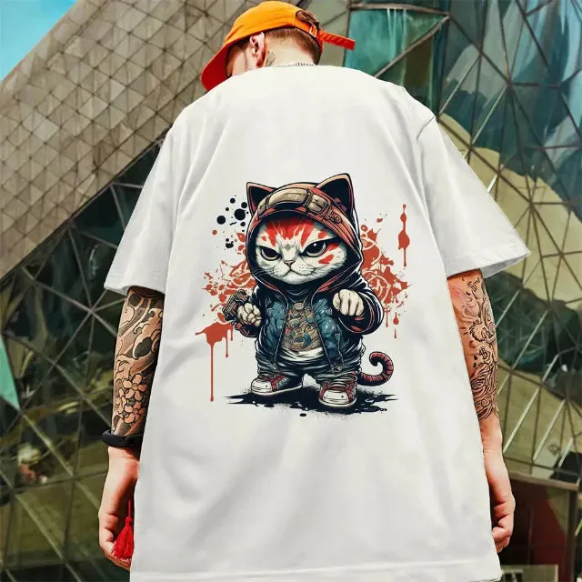 Attractive 3D samurai cat design short sleeve t-shirt