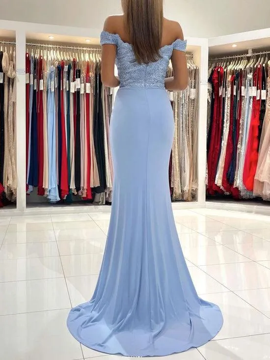 Blue Chiffon Lace Mermaid Long Prom Dress Formal Dress PSK303