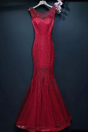 Burgundy Long Prom Mermaid Formal Dress With Lace Sleeveless PG690