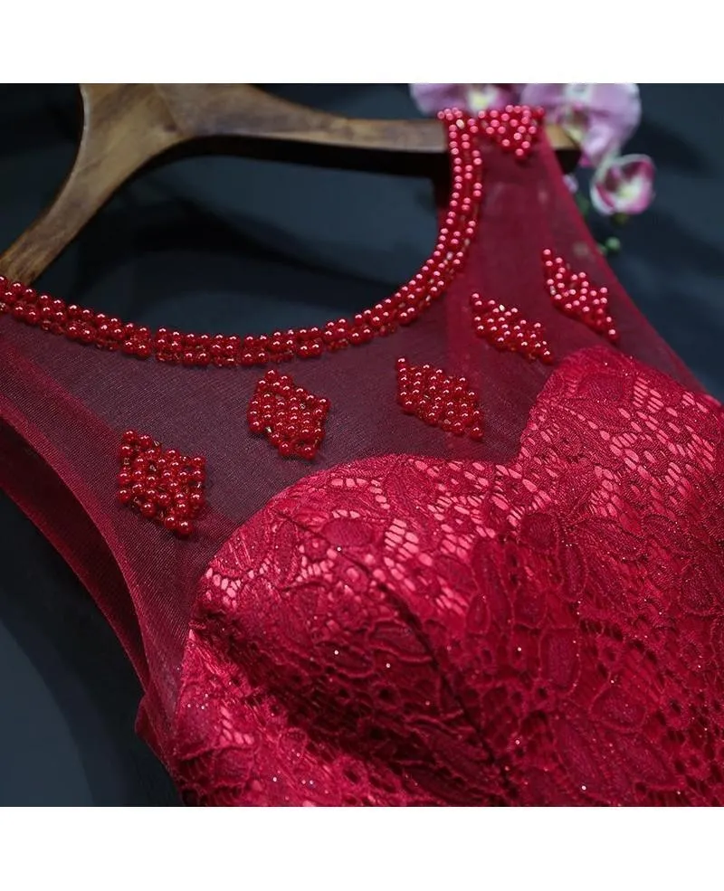 Burgundy Long Prom Mermaid Formal Dress With Lace Sleeveless PG690