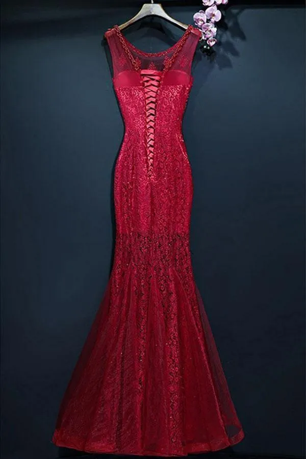 Burgundy Long Prom Mermaid Formal Dress With Lace Sleeveless PG690