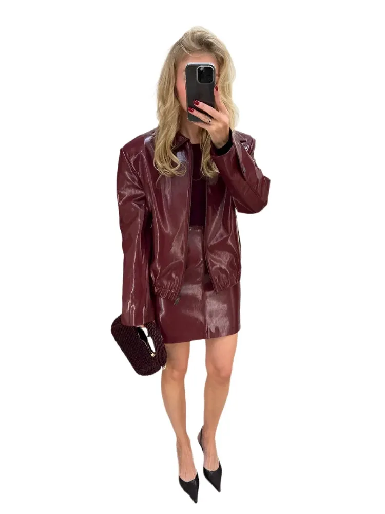 Chic Wine Red Leather Jacket & Mini Skirt Set for Women – Elegant Lapel Zipper Outerwear with Hip-Wrap Design, 2-Piece Outfit