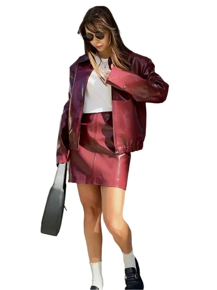 Chic Wine Red Leather Jacket & Mini Skirt Set for Women – Elegant Lapel Zipper Outerwear with Hip-Wrap Design, 2-Piece Outfit