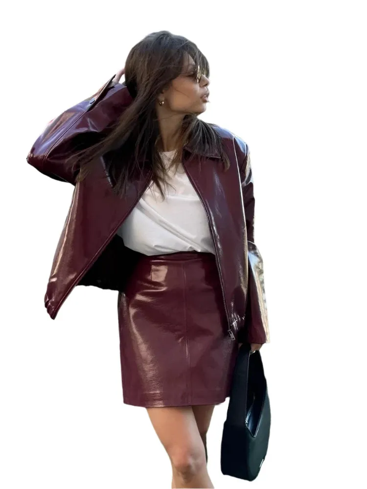 Chic Wine Red Leather Jacket & Mini Skirt Set for Women – Elegant Lapel Zipper Outerwear with Hip-Wrap Design, 2-Piece Outfit