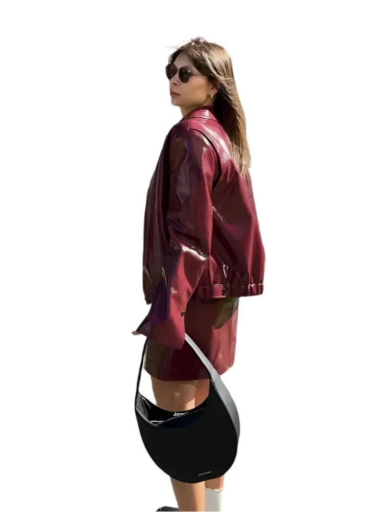 Chic Wine Red Leather Jacket & Mini Skirt Set for Women – Elegant Lapel Zipper Outerwear with Hip-Wrap Design, 2-Piece Outfit