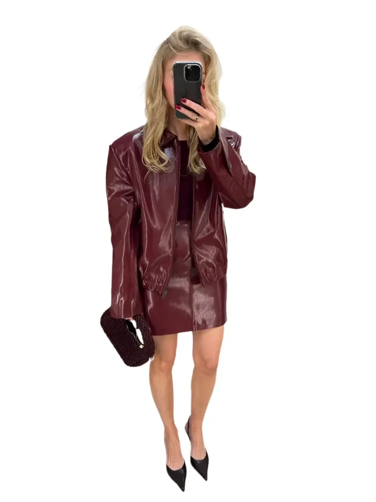 Chic Wine Red Leather Jacket & Mini Skirt Set for Women – Elegant Lapel Zipper Outerwear with Hip-Wrap Design, 2-Piece Outfit