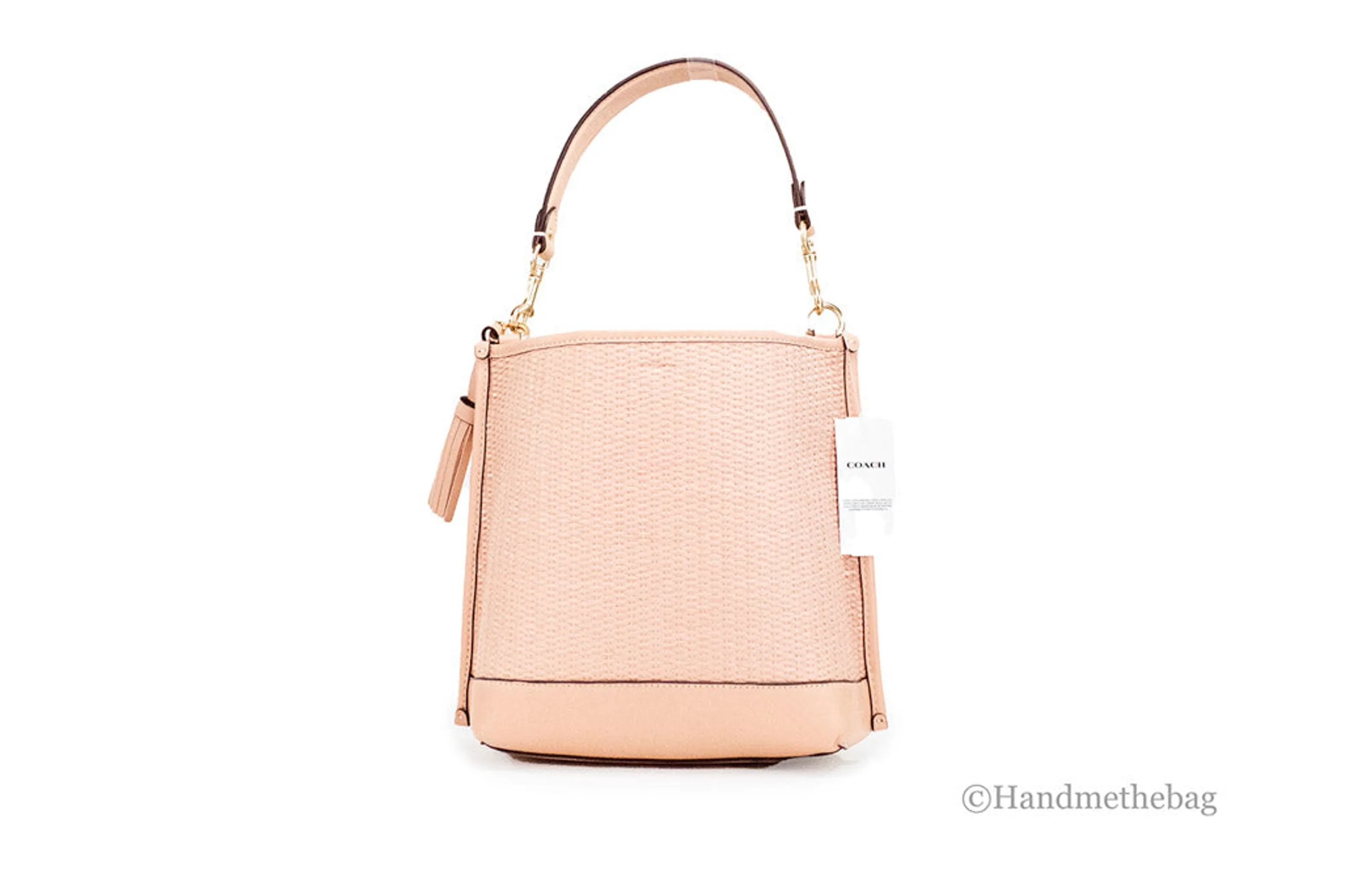 Coach Mollie 22 Shell Pink Straw Leather Bucket Crossbody
