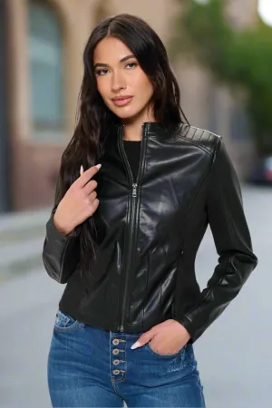 Faux Leather Zip Up Moto Stylish Slim Fit Biker Black Jacket