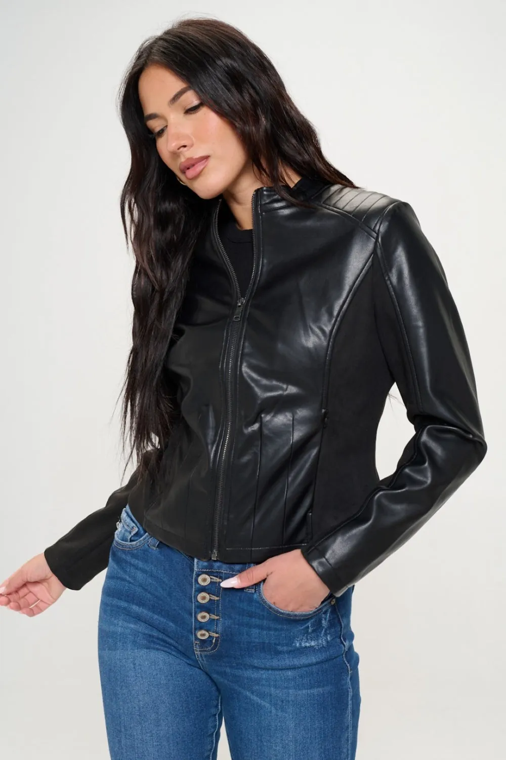 Faux Leather Zip Up Moto Stylish Slim Fit Biker Black Jacket