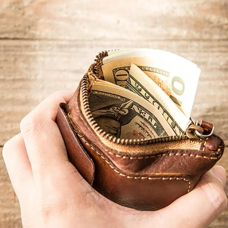 Handmade Genuine Leather Zip Card Holder Wallets