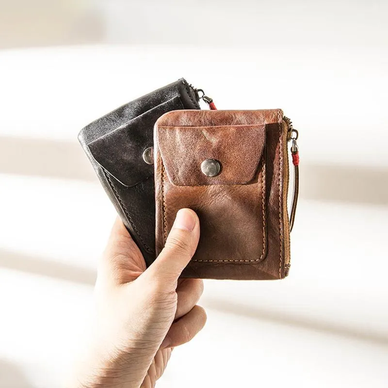 Handmade Genuine Leather Zip Card Holder Wallets