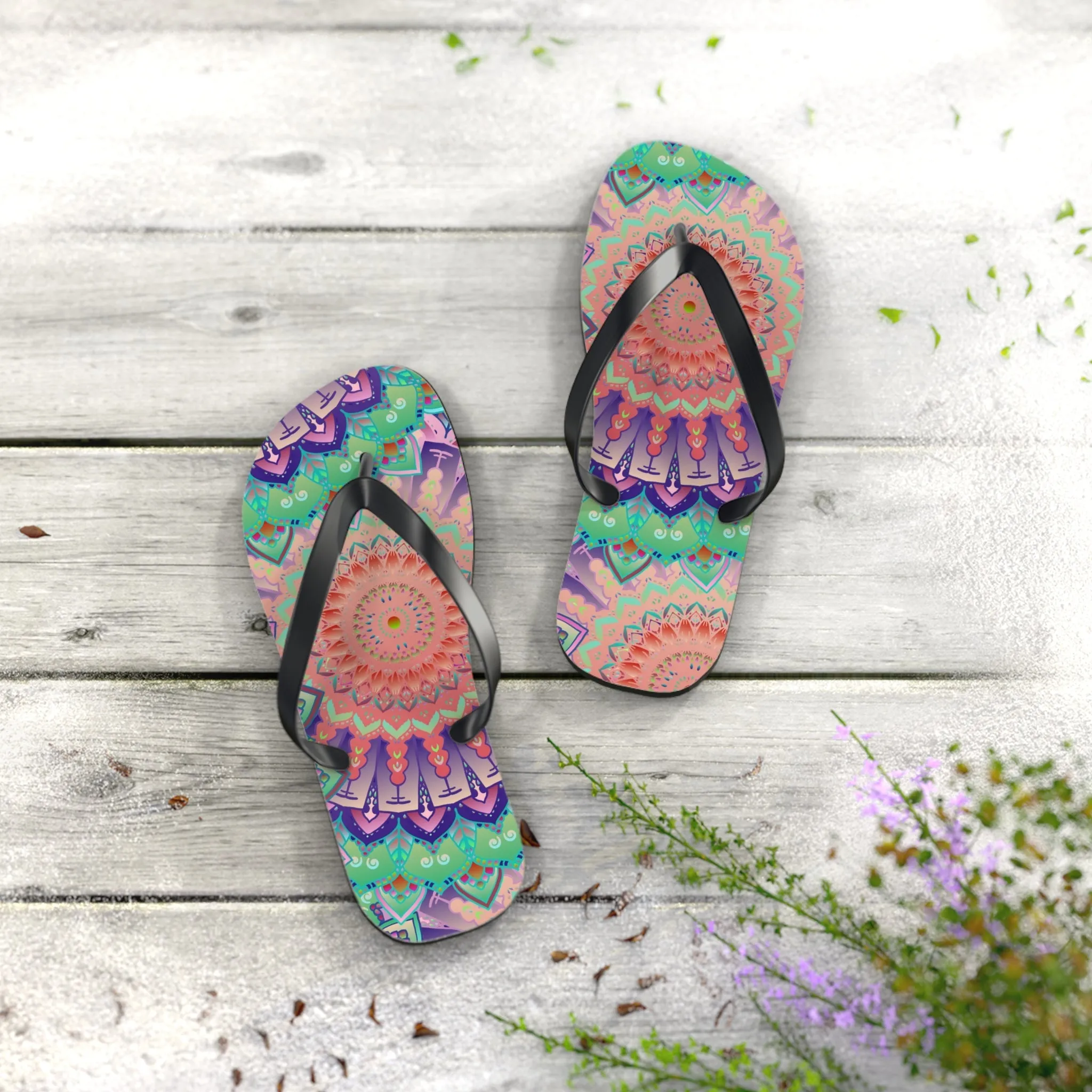Intricate Mandala Flip Flops - Floral Design