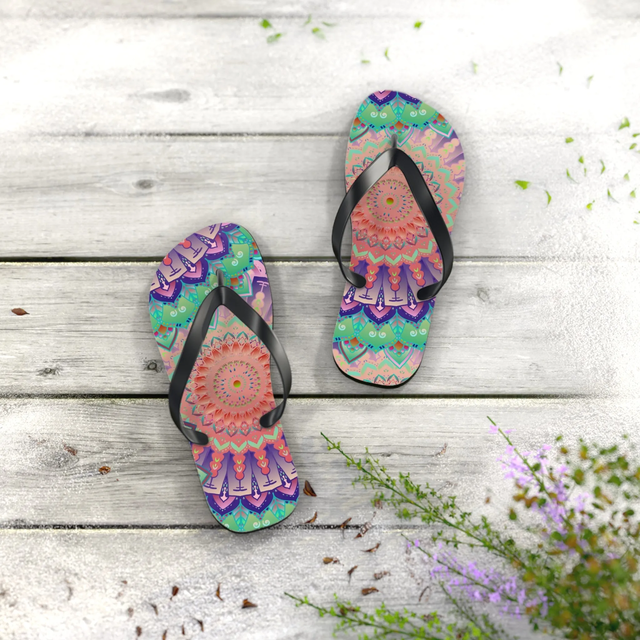 Intricate Mandala Flip Flops - Floral Design