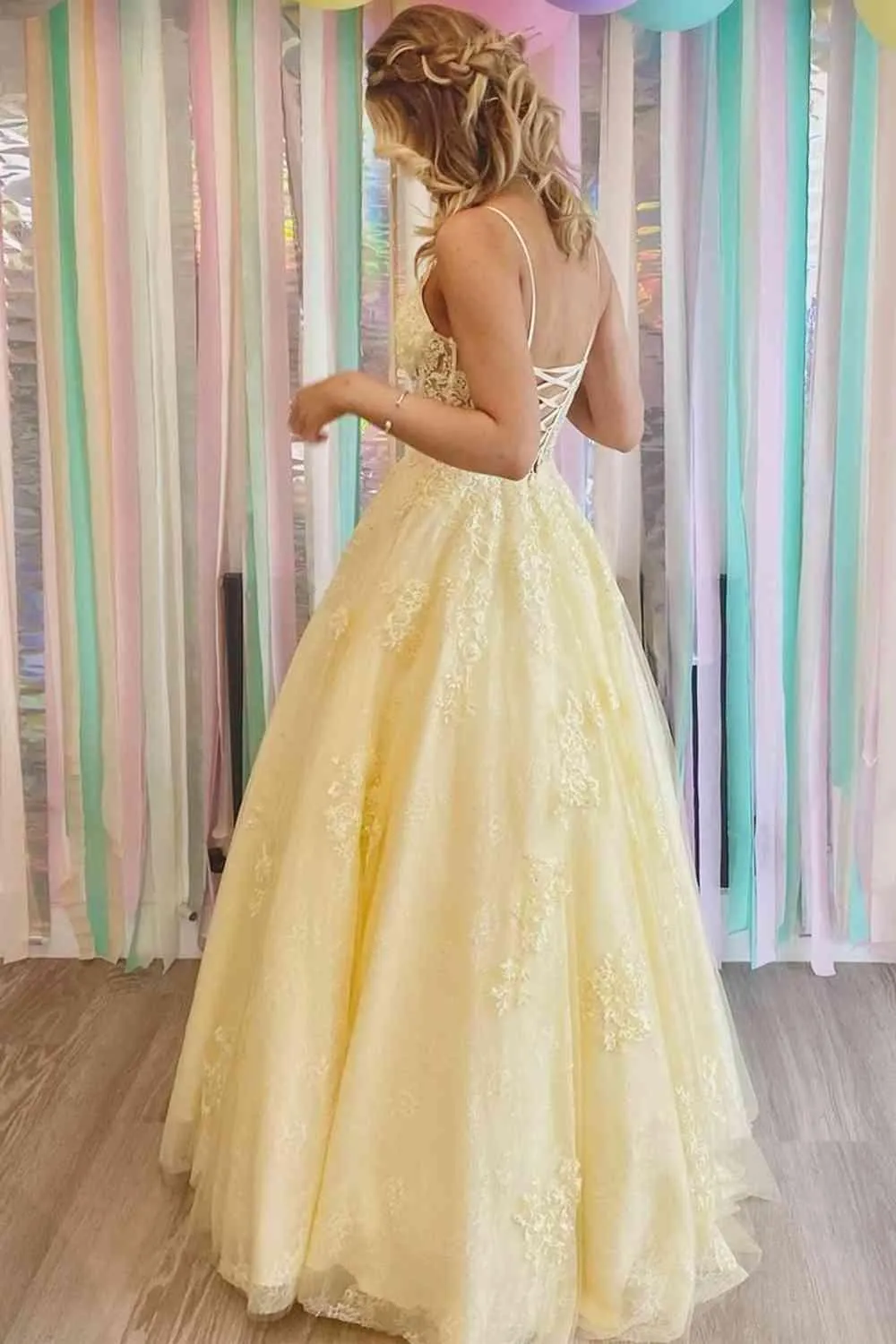 Lace-Up Yellow V-Neck Appliques A-Line Long Prom Formal Dress TP1141