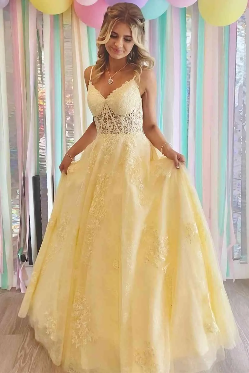 Lace-Up Yellow V-Neck Appliques A-Line Long Prom Formal Dress TP1141