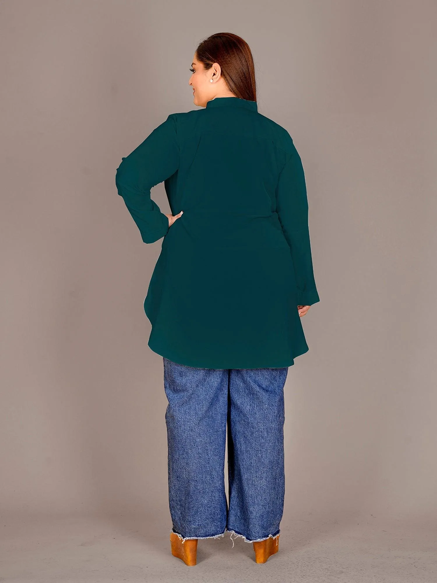 Mandarin Collar Shirt Style Green Top
