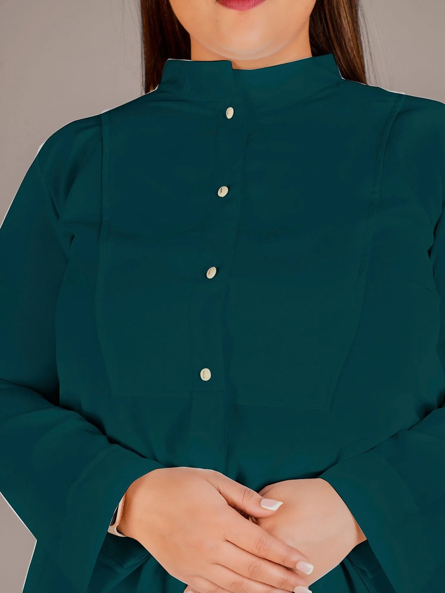 Mandarin Collar Shirt Style Green Top
