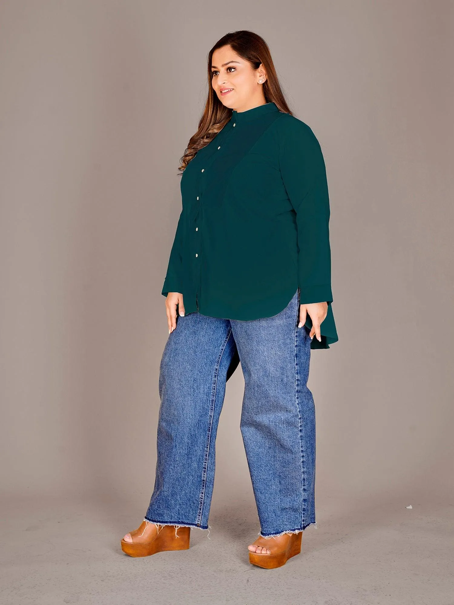 Mandarin Collar Shirt Style Green Top