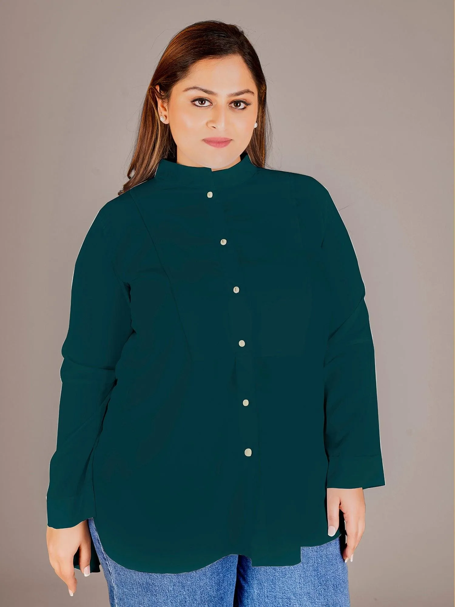 Mandarin Collar Shirt Style Green Top