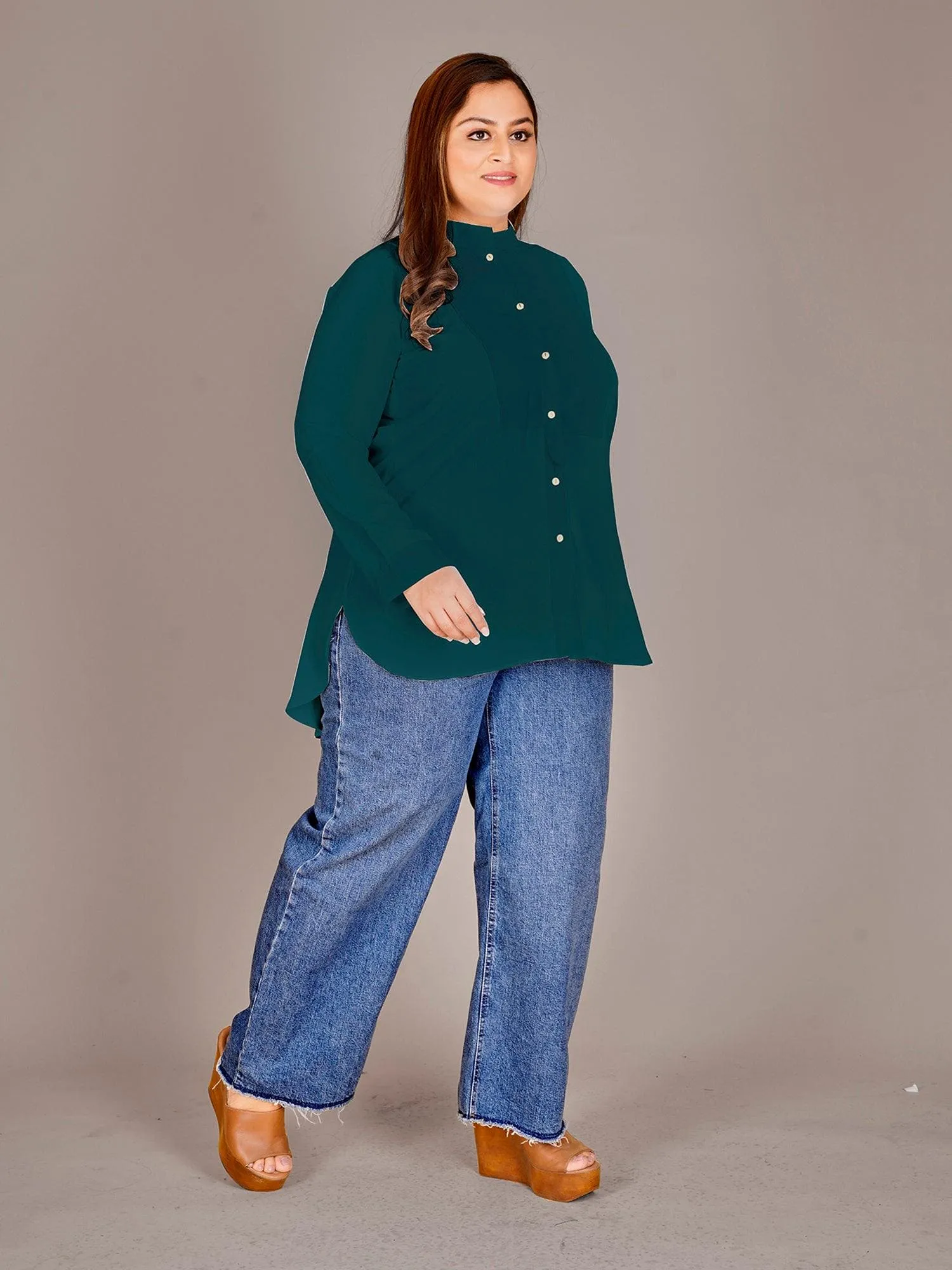 Mandarin Collar Shirt Style Green Top