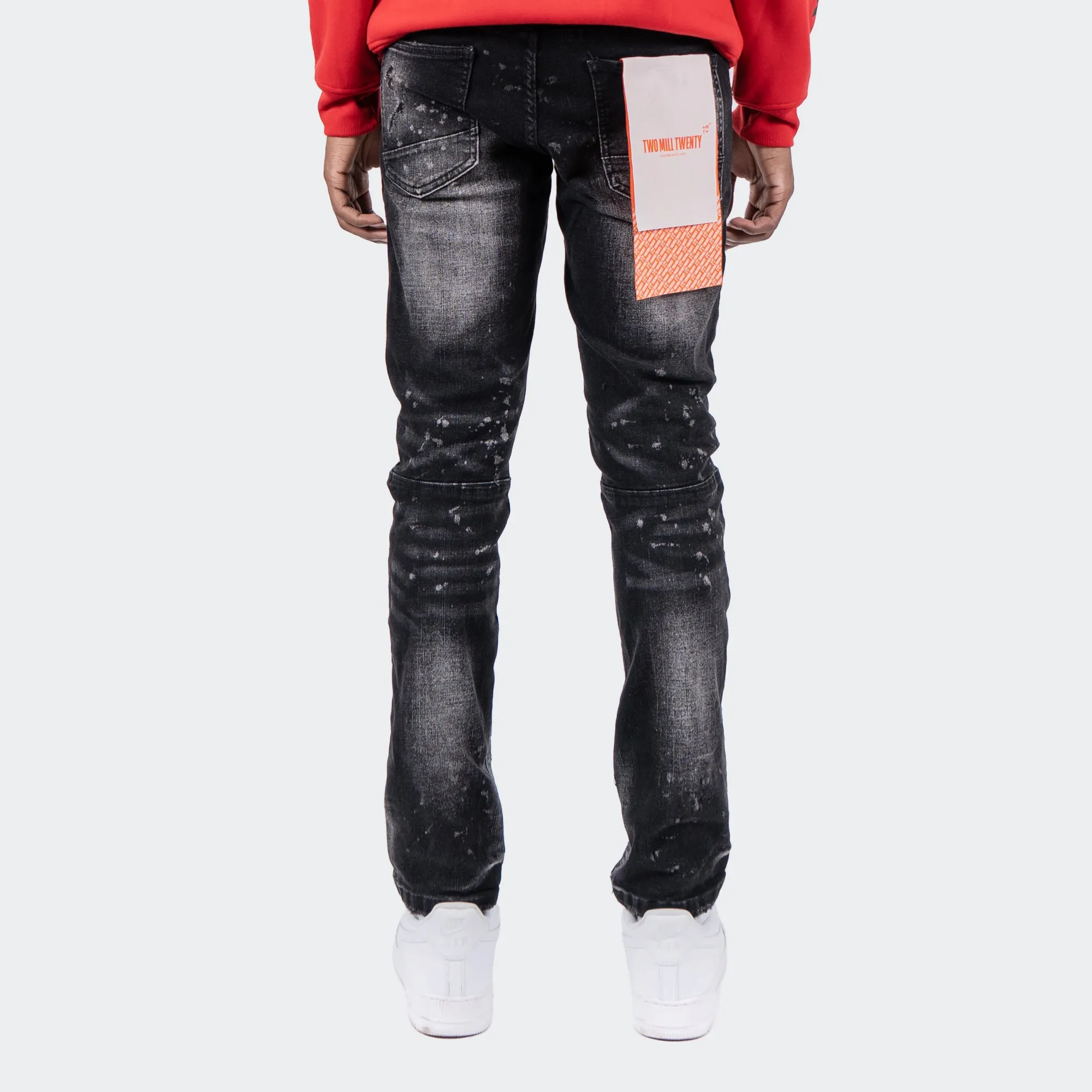 Men's TWO MILL TWENTY "Touhy" White Paint Splatter Rip & Repair Skinny Fit Urban Denim Jeans Dusty Black