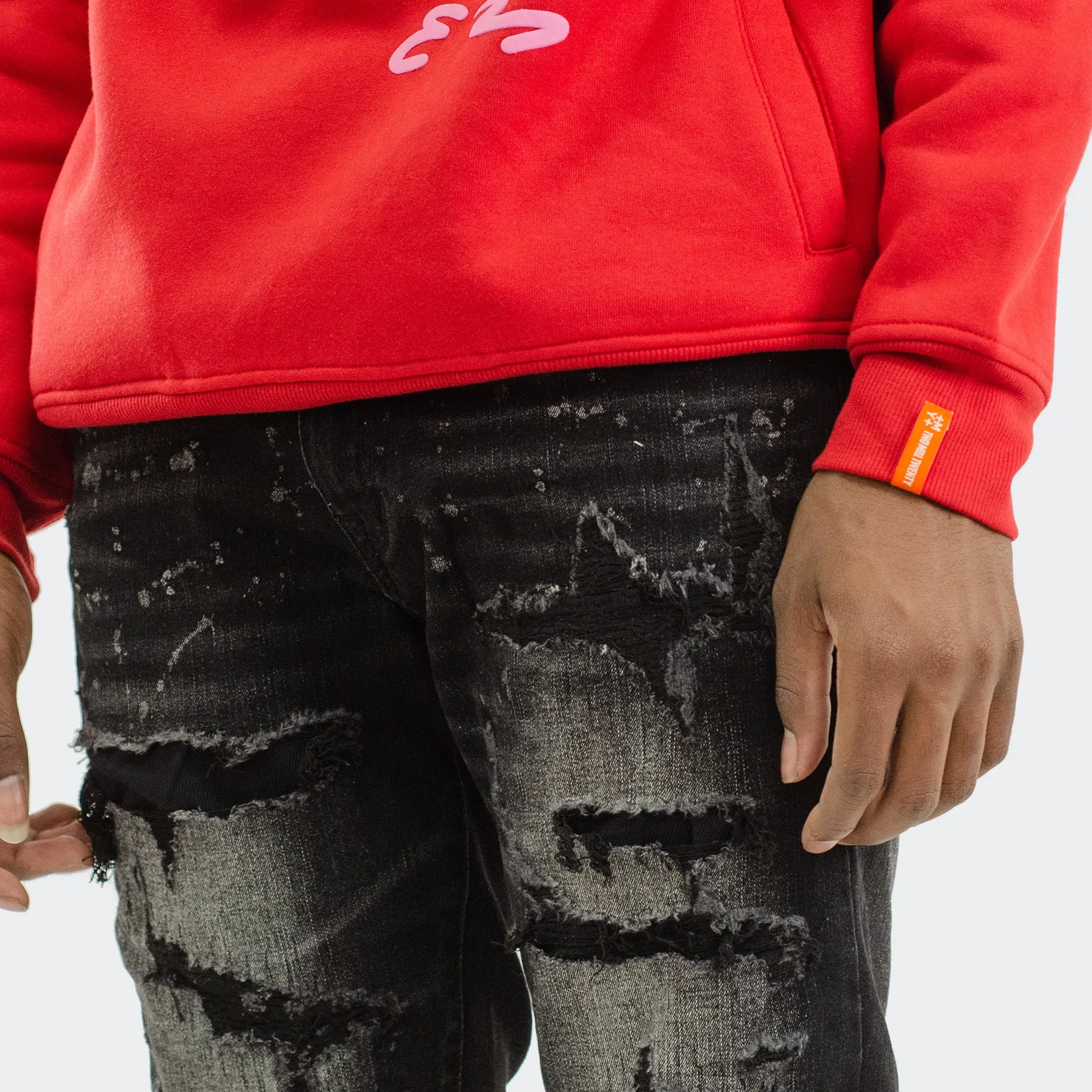 Men's TWO MILL TWENTY "Touhy" White Paint Splatter Rip & Repair Skinny Fit Urban Denim Jeans Dusty Black