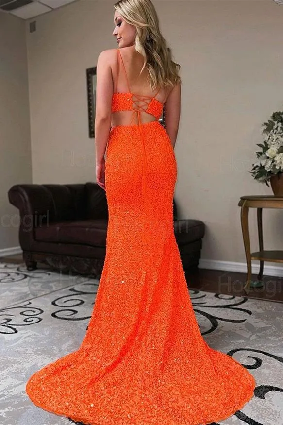 Mermaid Two Piece Orange Sequins Long Prom Formal Dress TP1149