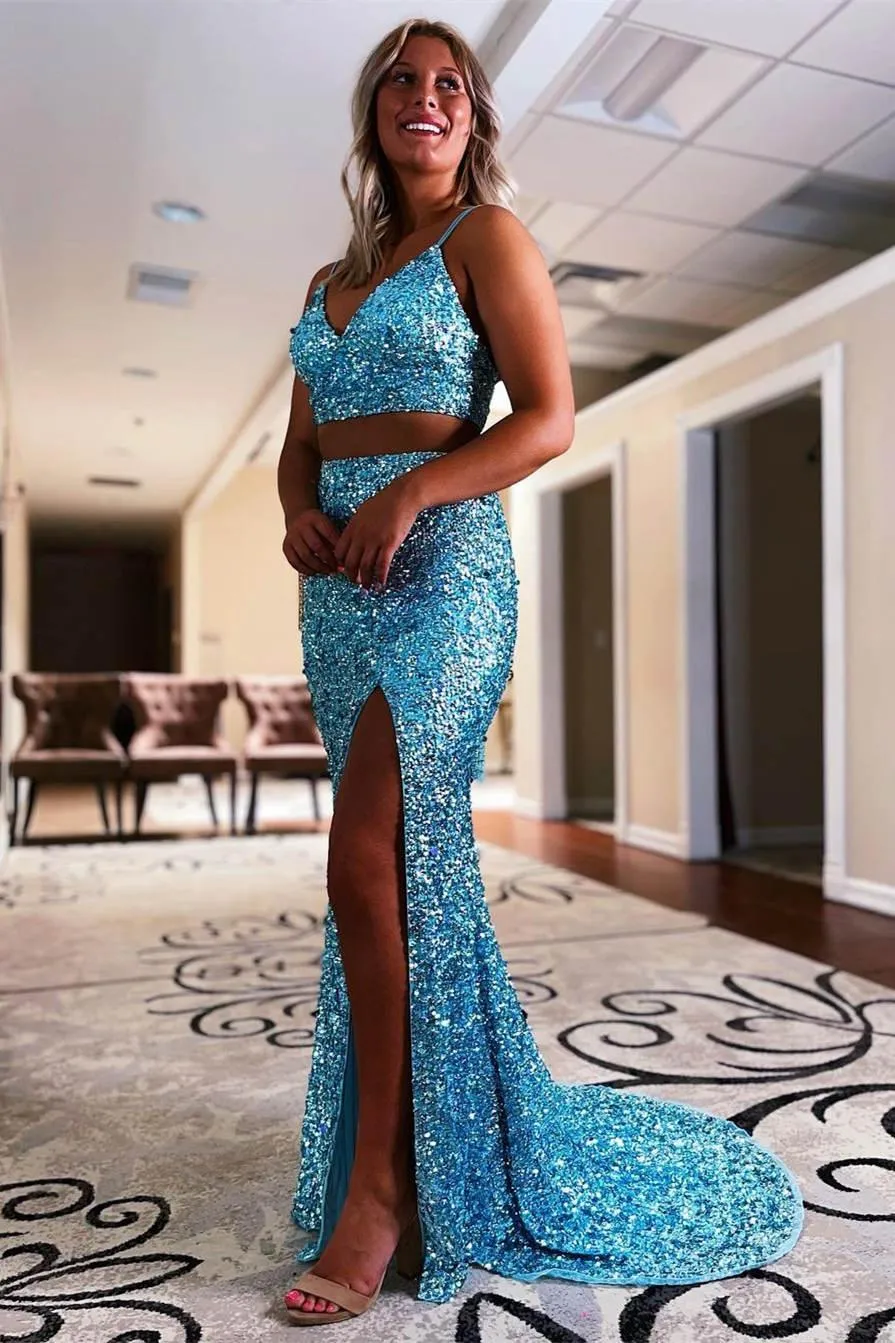 Mermaid Two Piece Orange Sequins Long Prom Formal Dress TP1149
