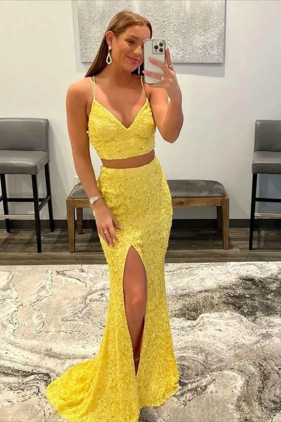 Mermaid Two Piece Orange Sequins Long Prom Formal Dress TP1149