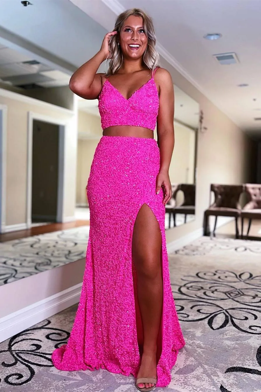 Mermaid Two Piece Orange Sequins Long Prom Formal Dress TP1149