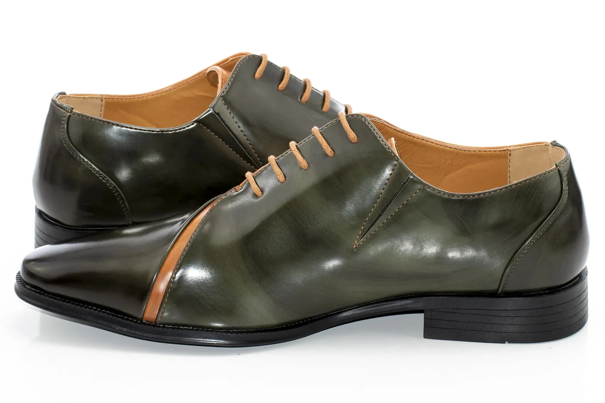 Olive And Tan Leather Two-Toned Lace-Ups
