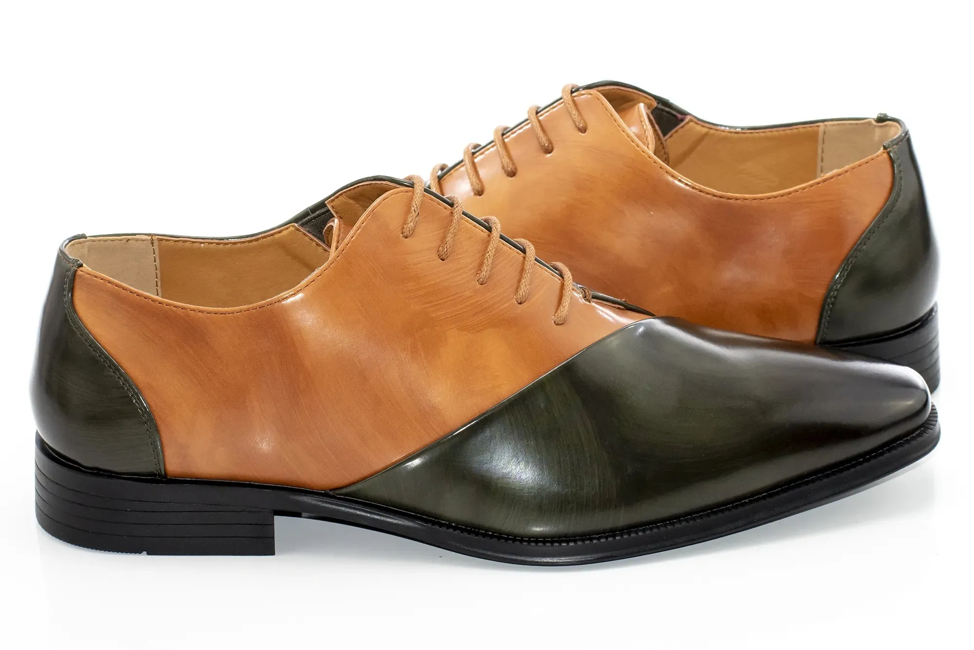 Olive And Tan Leather Two-Toned Lace-Ups