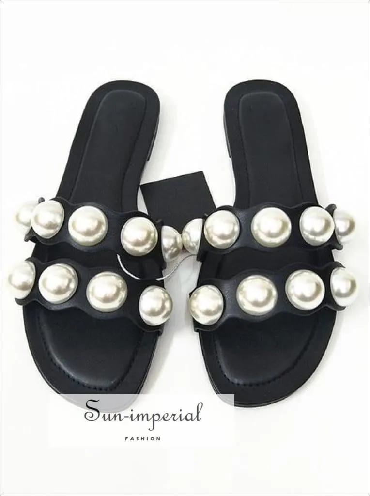 Pink Double Band Pearl Flats Sandals Casual Beach Slide Flip Flops Slippers
