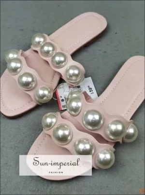 Pink Double Band Pearl Flats Sandals Casual Beach Slide Flip Flops Slippers