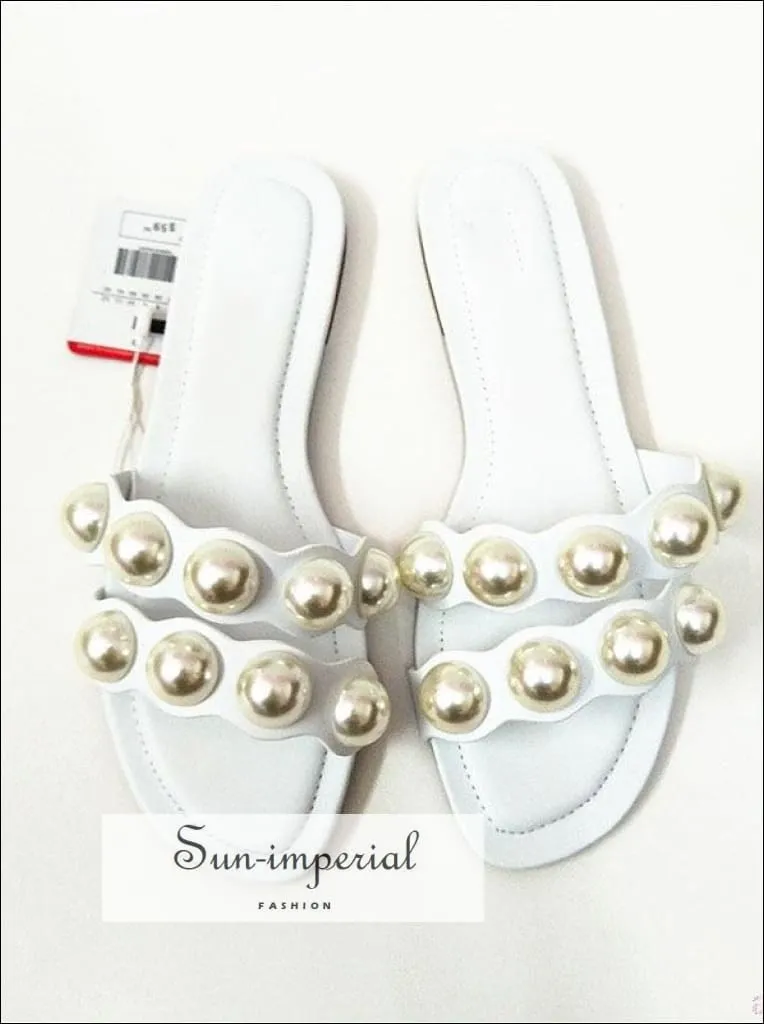 Pink Double Band Pearl Flats Sandals Casual Beach Slide Flip Flops Slippers