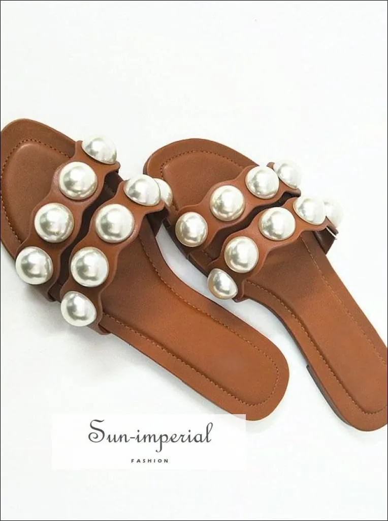 Pink Double Band Pearl Flats Sandals Casual Beach Slide Flip Flops Slippers