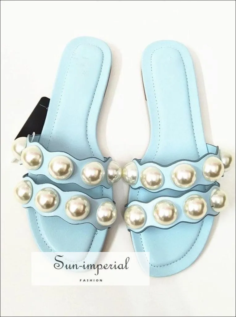 Pink Double Band Pearl Flats Sandals Casual Beach Slide Flip Flops Slippers
