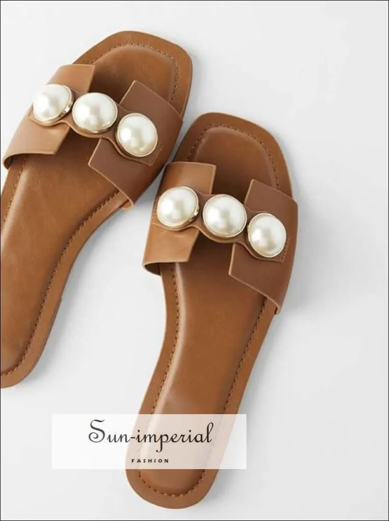 Pink Double Band Pearl Flats Sandals Casual Beach Slide Flip Flops Slippers