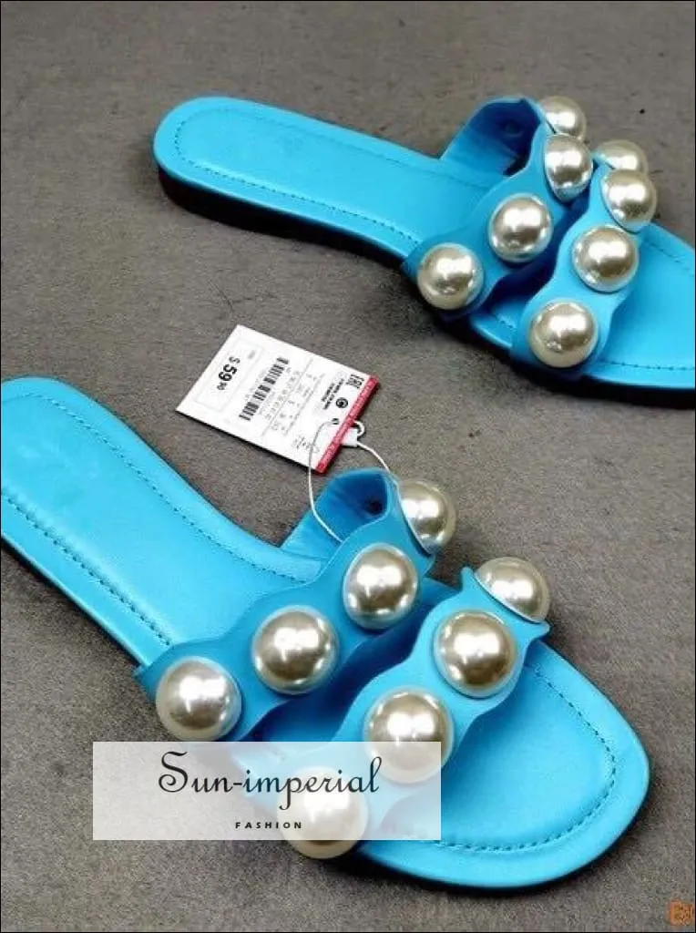 Pink Double Band Pearl Flats Sandals Casual Beach Slide Flip Flops Slippers