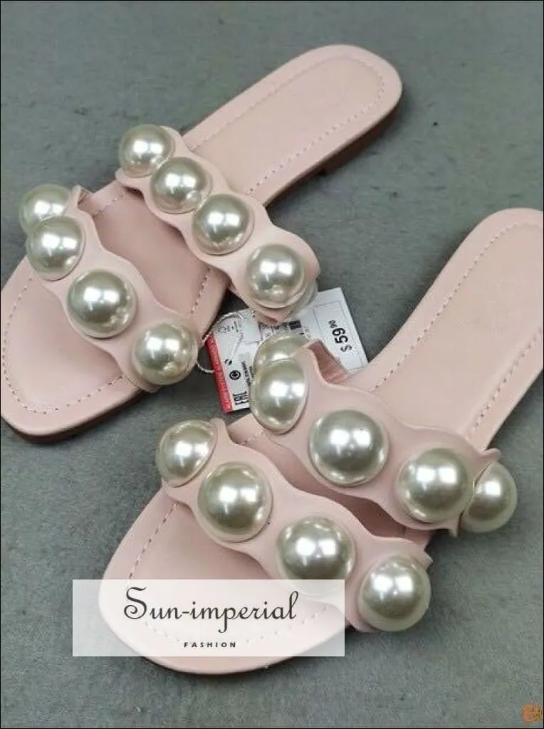 Pink Double Band Pearl Flats Sandals Casual Beach Slide Flip Flops Slippers