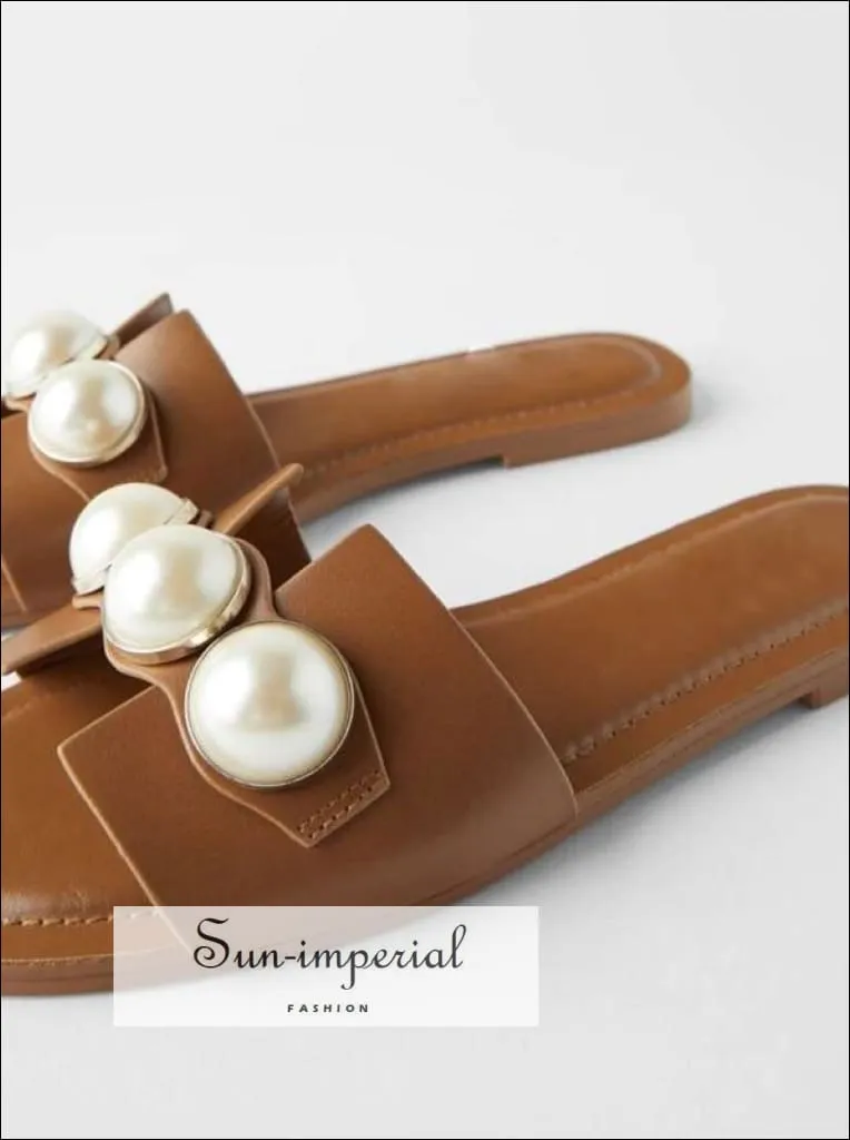 Pink Double Band Pearl Flats Sandals Casual Beach Slide Flip Flops Slippers