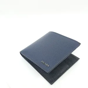 Prada Vitello Micro Grain Baltico Blue Nero Black Mens Wallet 2MO513