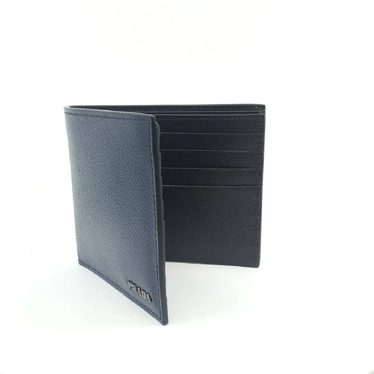 Prada Vitello Micro Grain Baltico Blue Nero Black Mens Wallet 2MO513