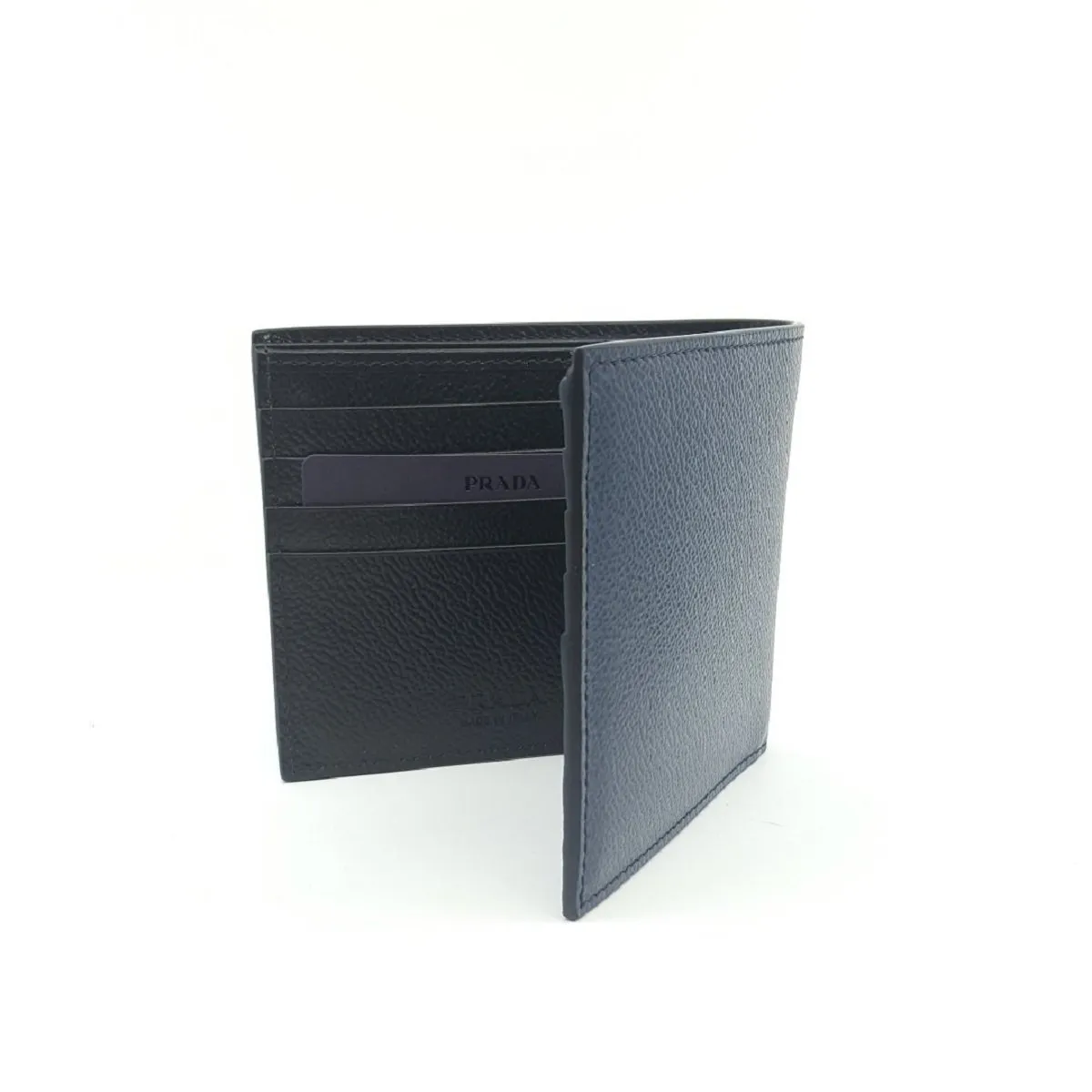 Prada Vitello Micro Grain Baltico Blue Nero Black Mens Wallet 2MO513
